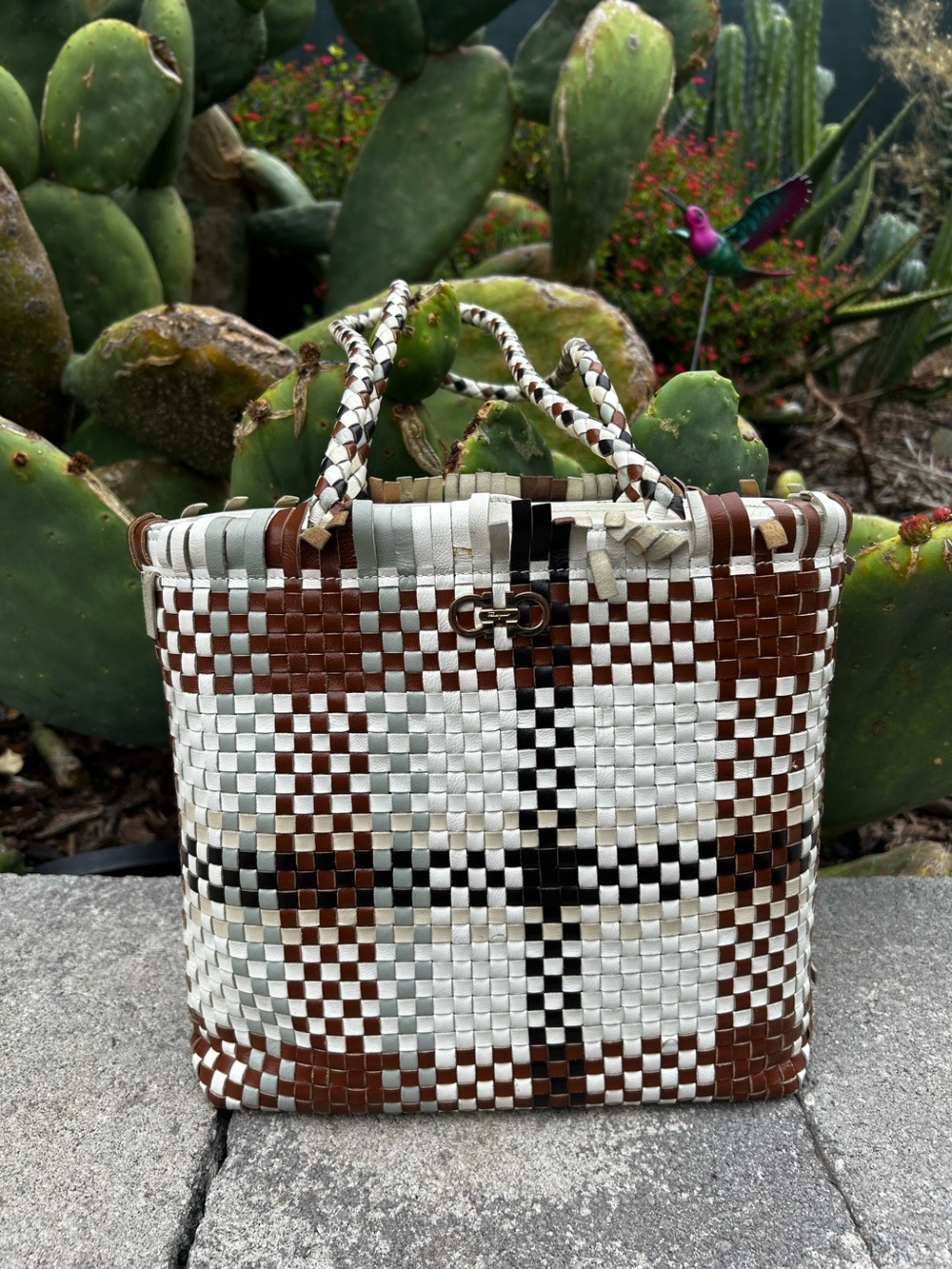 Salvatore Ferragamo - Woven Leather Tote Bag in White and Brown